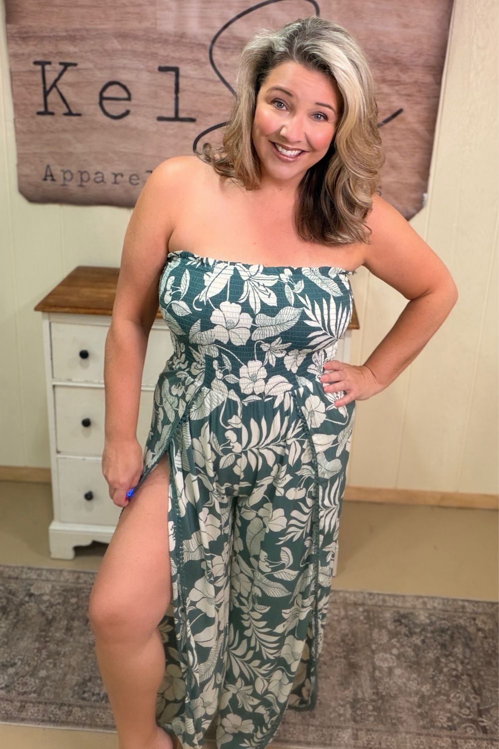 Jade Tropical Tulip Leg Strapless Jumpsuit