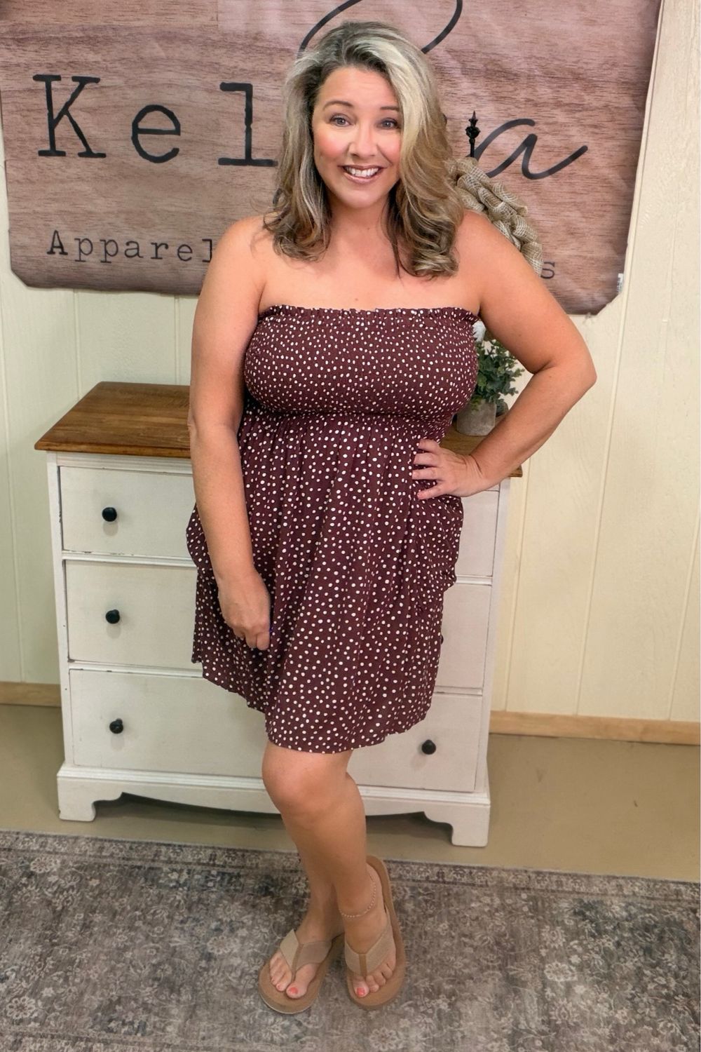 Plum Raisin Dot Strapless Mini Dress