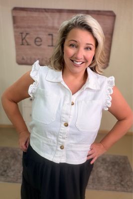 White Twill Ruffle Sleeve Vest