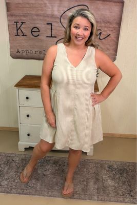 Camel Seersucker Baby Doll Mini Dress