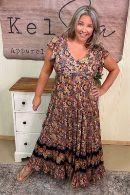 Earthtone Floral Boho Maxi Dress