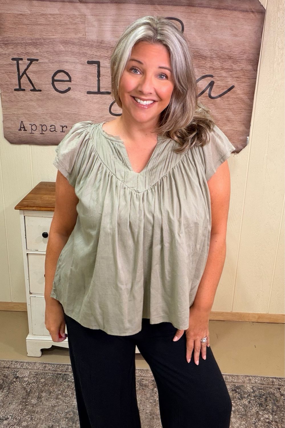Light Olive Ruffle Sleeve Cotton Blouse