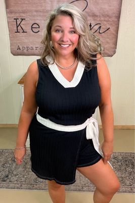 Black Cable Knit Wrap Skort Romper