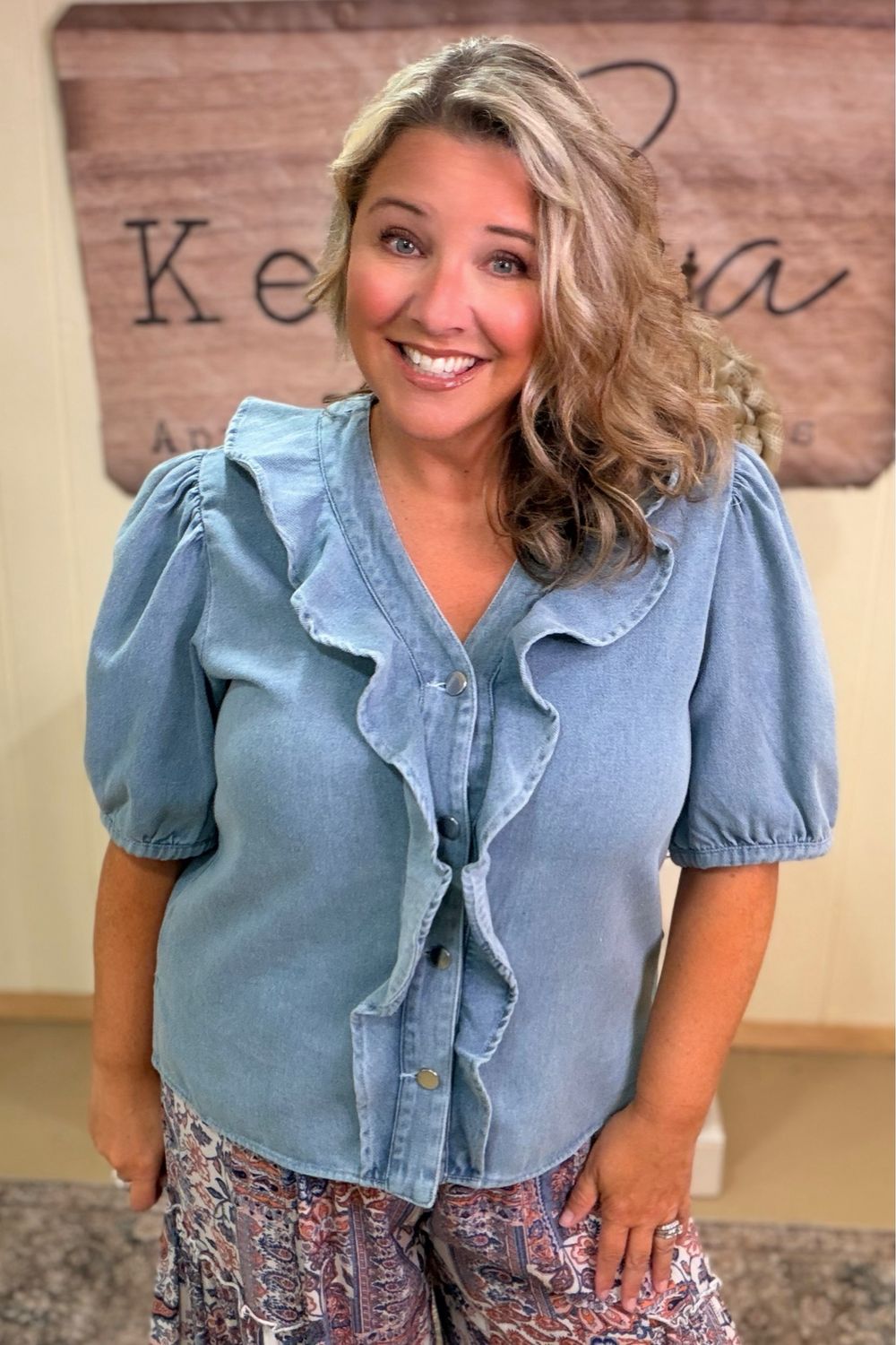 Ruffled Washed Denim Blouse