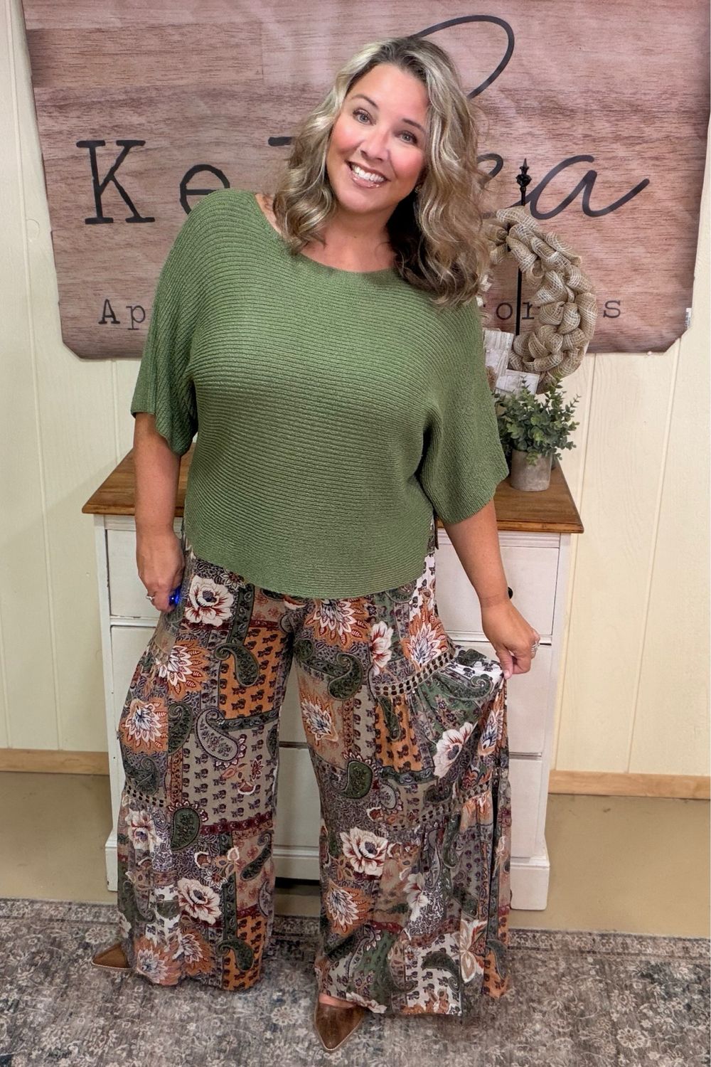 Olive Mixed Floral Wide Leg Pant