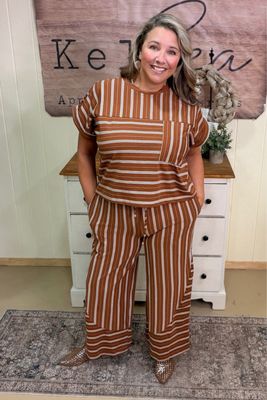 Dark Toffee Panel Striped Knit Pant Set