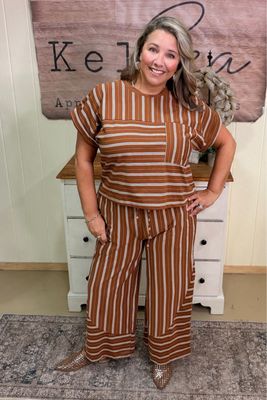 Dark Toffee Panel Striped Knit Pant Set