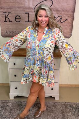 POL Cream Floral Beaded Cotton Mini Dress