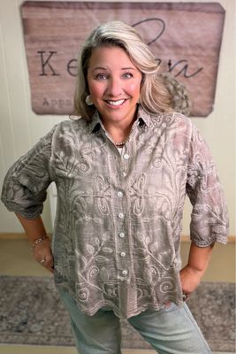 Mocha Boho Embroidered Button Down