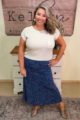 Navy Pebble Stretch Midi Skirt