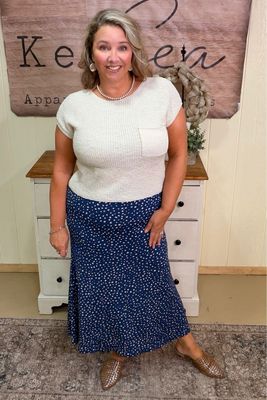Navy Pebble Stretch Midi Skirt