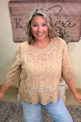 Adora One Size Latte Lace Trim Boho Blouse