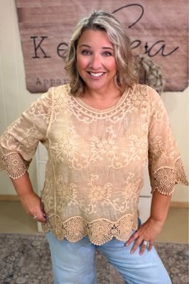 Adora One Size Latte Lace Trim Boho Blouse