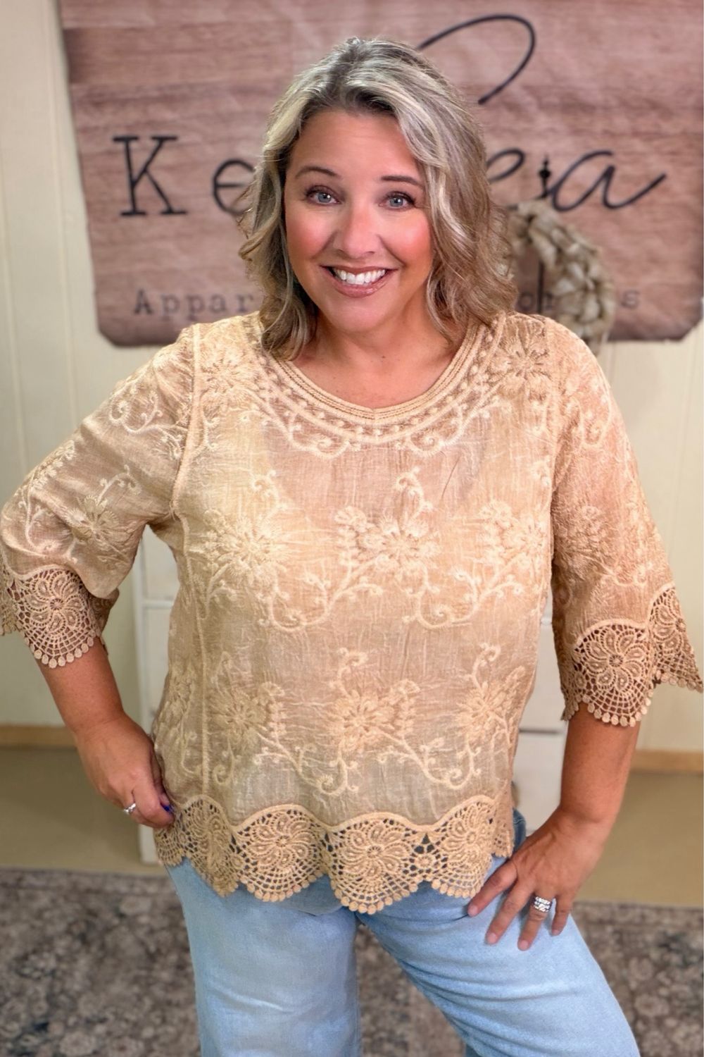 Adora One Size Latte Lace Trim Boho Blouse