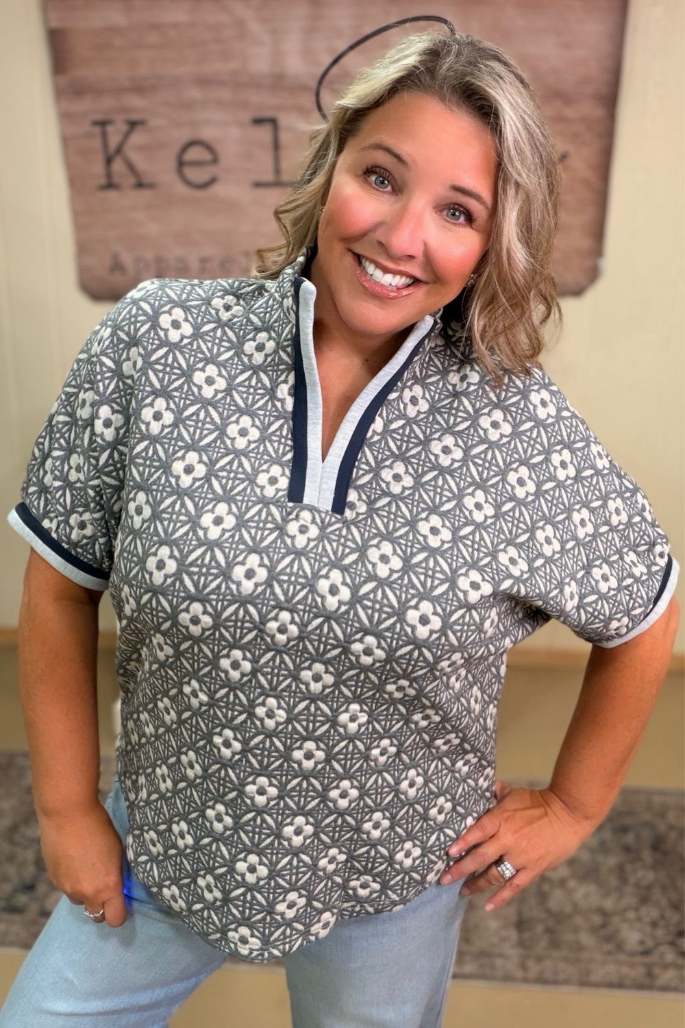 Grey Lattice Embroidered Jersey Top