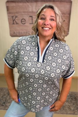 Grey Lattice Embroidered Jersey Top