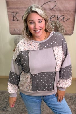 Taupe Mixed Print Patchwork Pullover