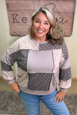 Taupe Mixed Print Patchwork Pullover
