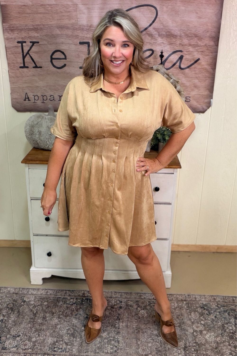 Mustard Microsuede Pleated Shirt Dress