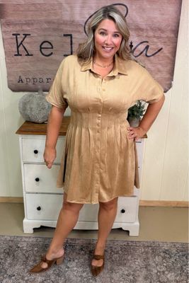 Mustard Microsuede Pleated Shirt Dress