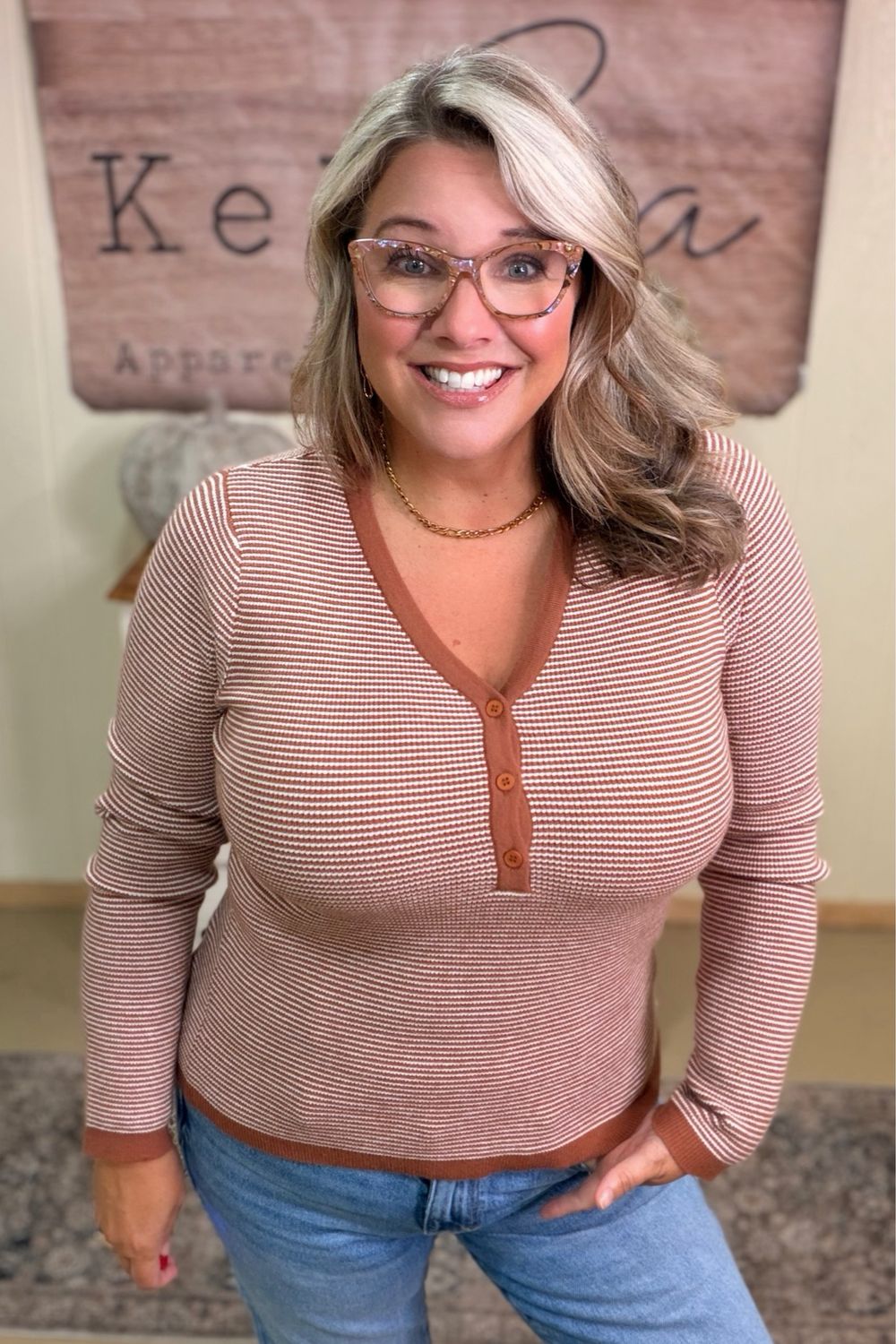 Copper Striped Waffle Knit Henley