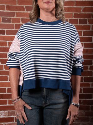 Navy Striped Color Block Boxy Sweatshirt