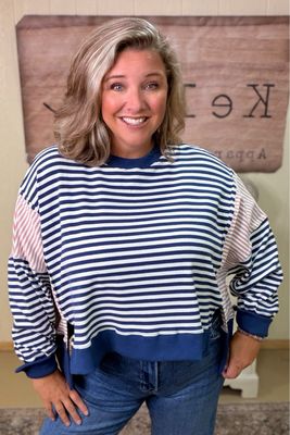 Navy Striped Color Block Boxy Sweatshirt