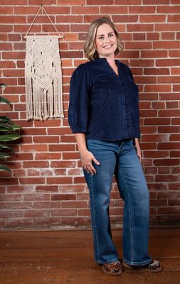 Navy Corduroy Half Sleeve Blouse