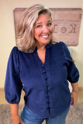 Navy Corduroy Half Sleeve Blouse