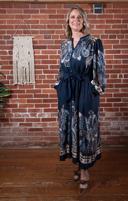 Navy Boho Brown Paisley Midi Dress