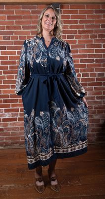 Navy Boho Brown Paisley Midi Dress