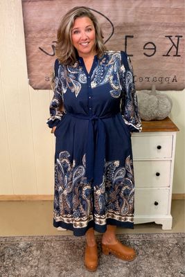 Navy Boho Brown Paisley Midi Dress