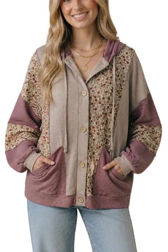 Mulberry Color Block Button Hoodie