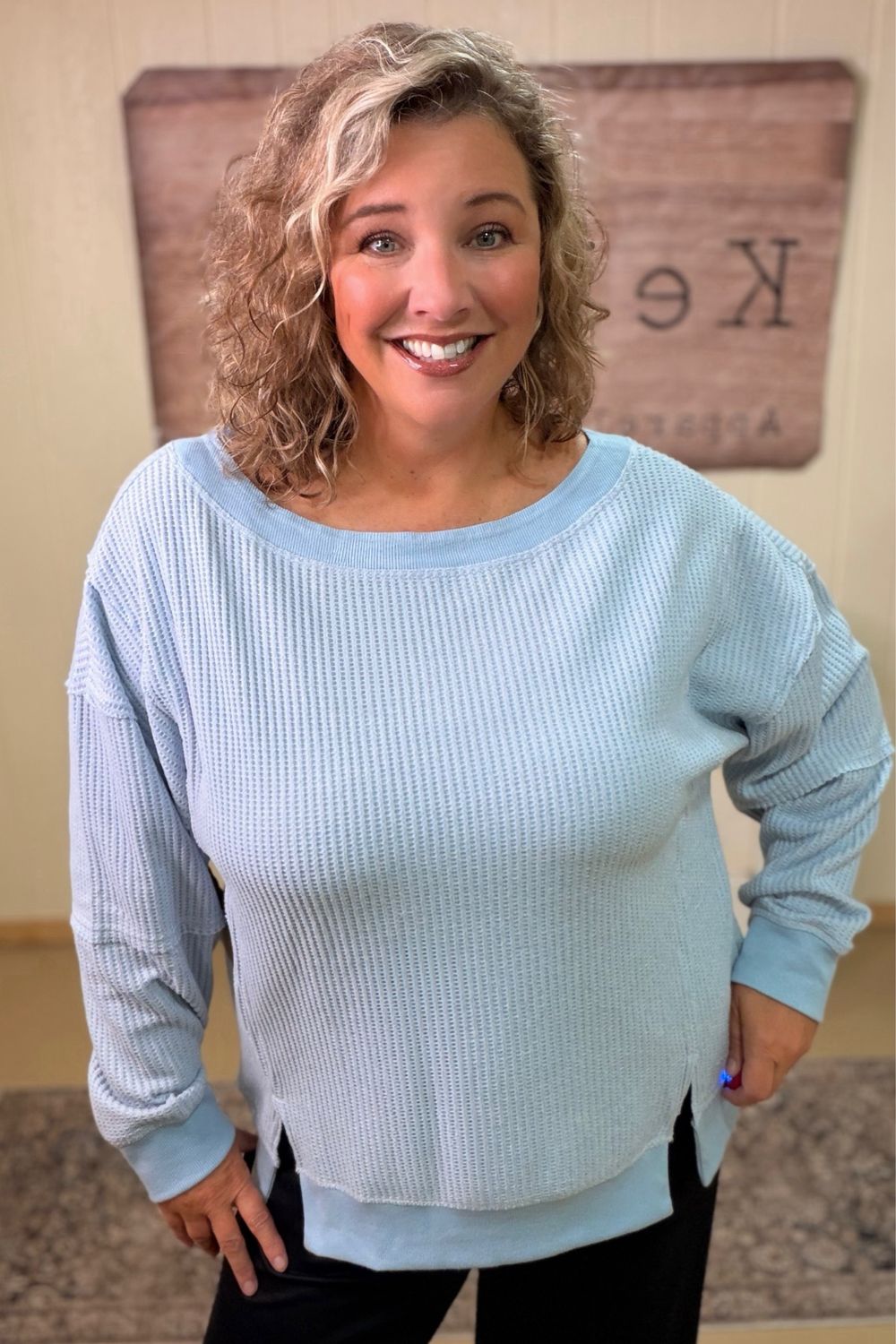 Waffle Fleece Wide Neck Pullover