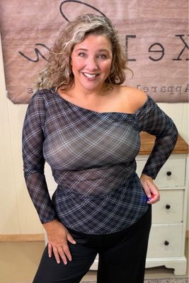 Black Plaid Sheer One-Shoulder Top Black Plaid Sheer One-Shoulder Top
