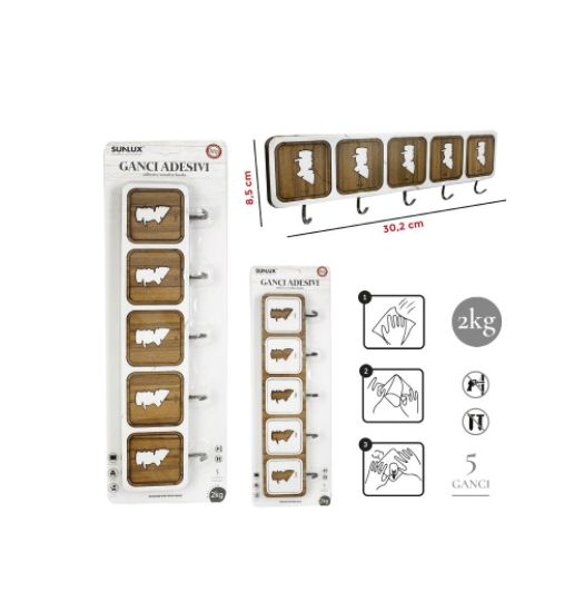 GANCIO ADESIVO IN LEGNO 5 POSTI