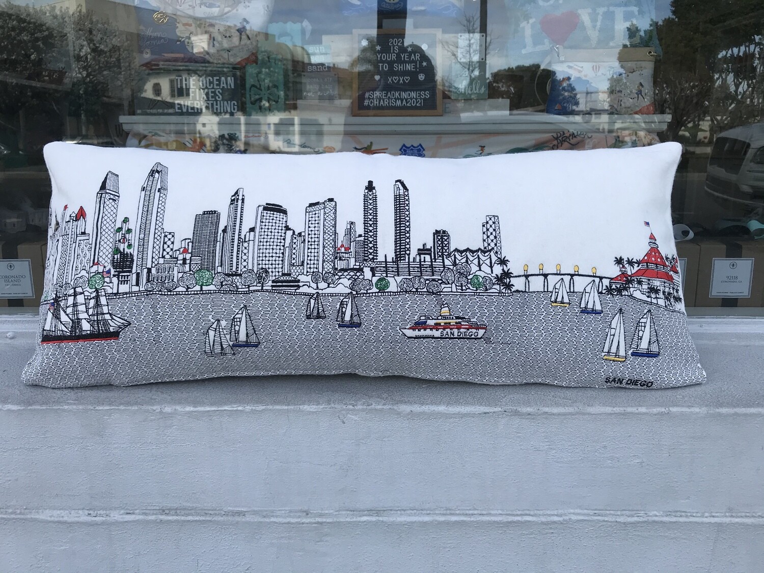 San Diego Skyline/Del Embroidered (White)  Day Pillow