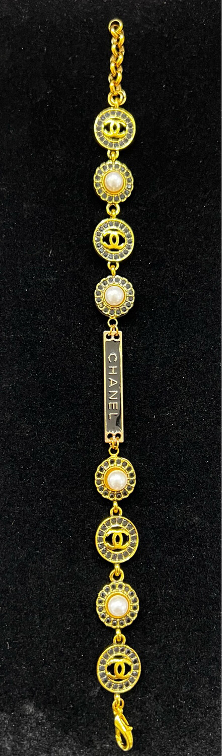 *Dainty Collection* Black Gold And Pearl 5 Designer Button/zipper Pull Bracelet Ns103v   8 1\2"