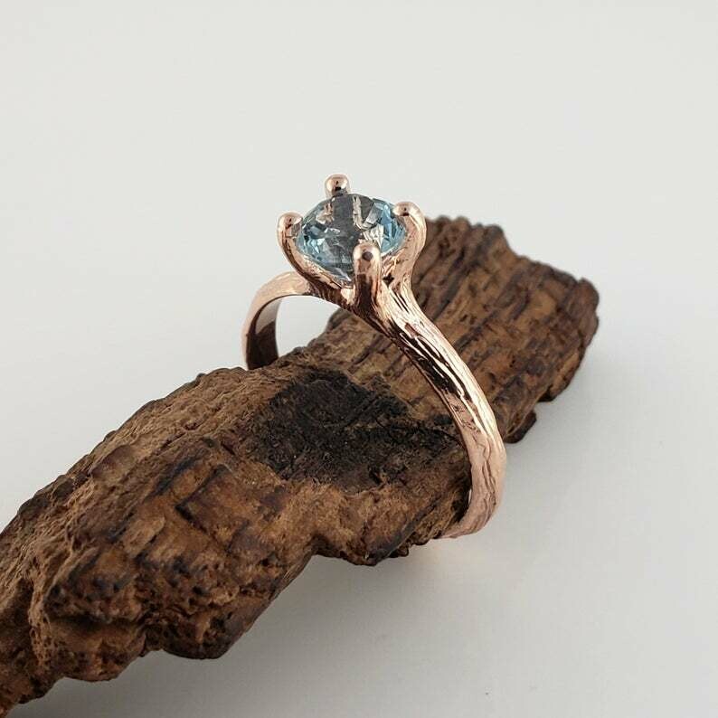 1ct Blue Sapphire Twig Engagement Ring in 14k Gold, Solitaire Ring