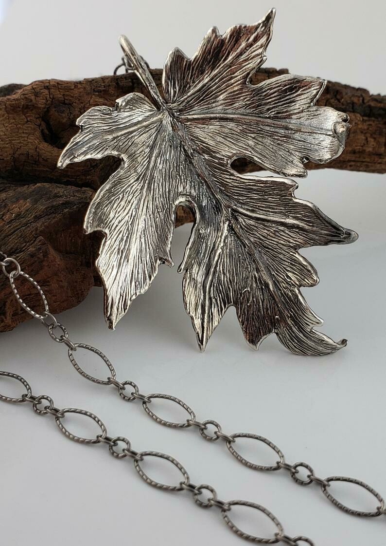 Sterling Silver Maple Leaf, Handmade Long Chain Necklace