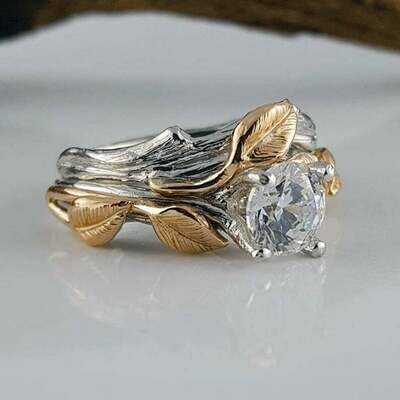 1ct Two Tone Gold Round Moissanite Engagement Ring Bridal Set