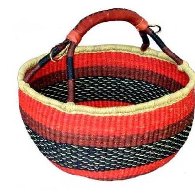 PO Large, Round Handwoven Bolga Basket W/ Leather Handle
