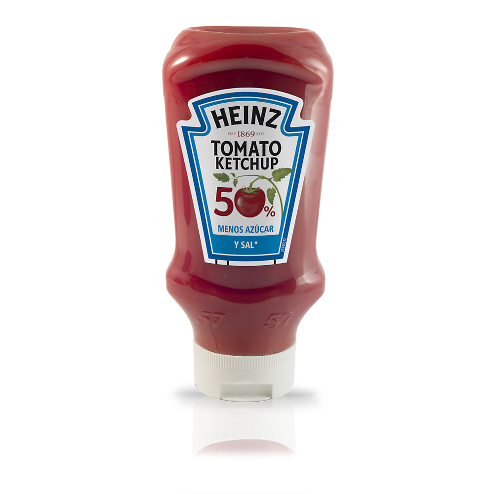 Ketchup 50% menos azúcar y sal HEINZ.