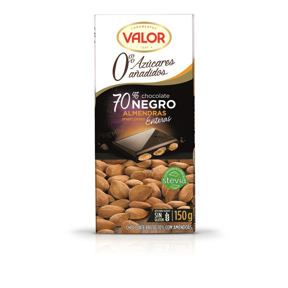 Chocolate con almedras VALOR 70% sin azúcares añadidos y sin gluten.
