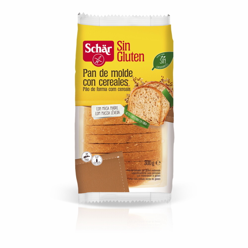 Pan de molde con cereales SCHÄR sin gluten y sin lactosa.