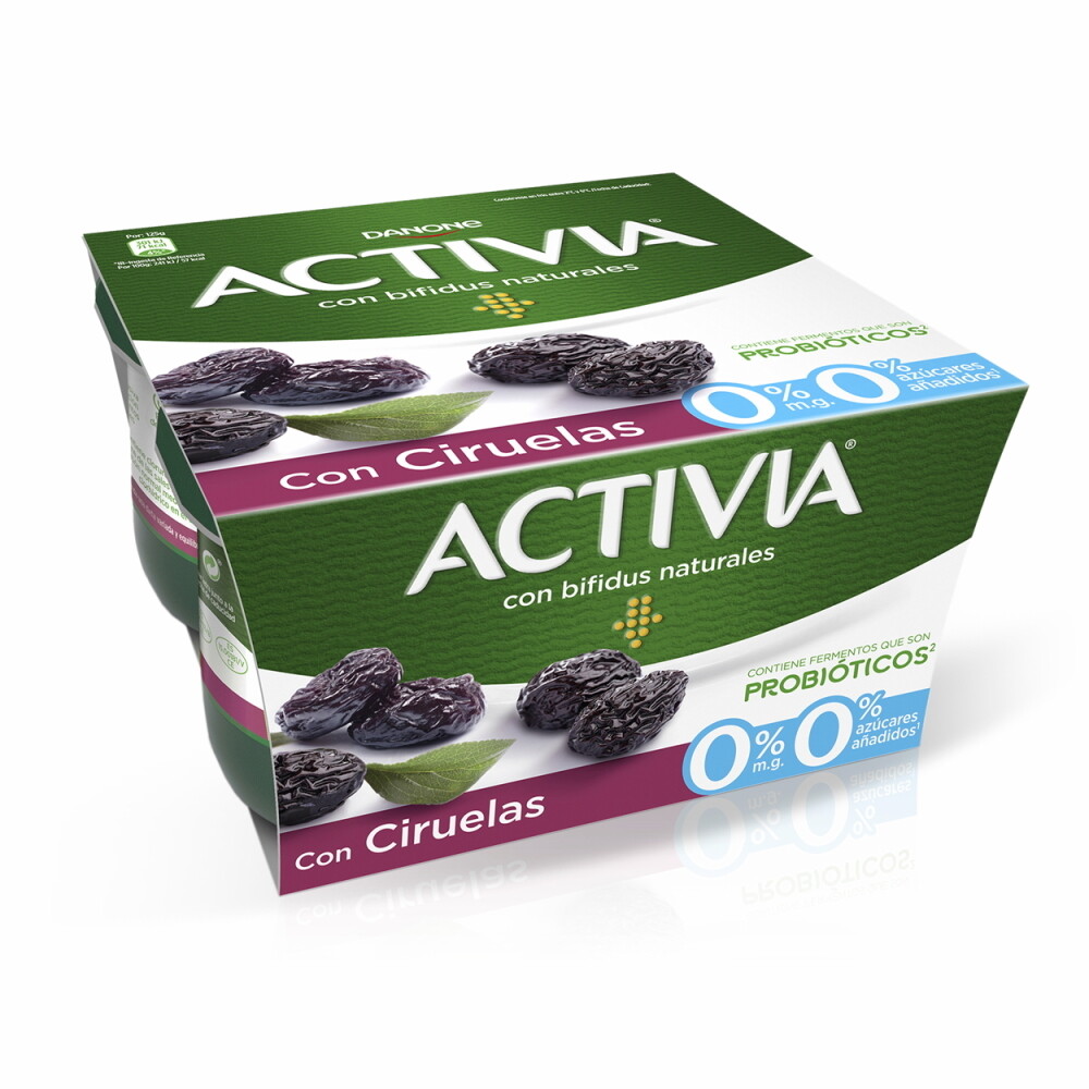 Yogur bífidus con ciruelas 0% materia grasa 0% azúcares añadidos ACTIVIA de DANONE (pack 4).