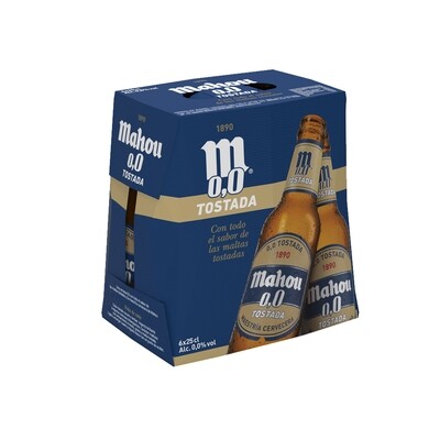 Cerveza MAHOU 0,0 tostada pack de 6 botellines.