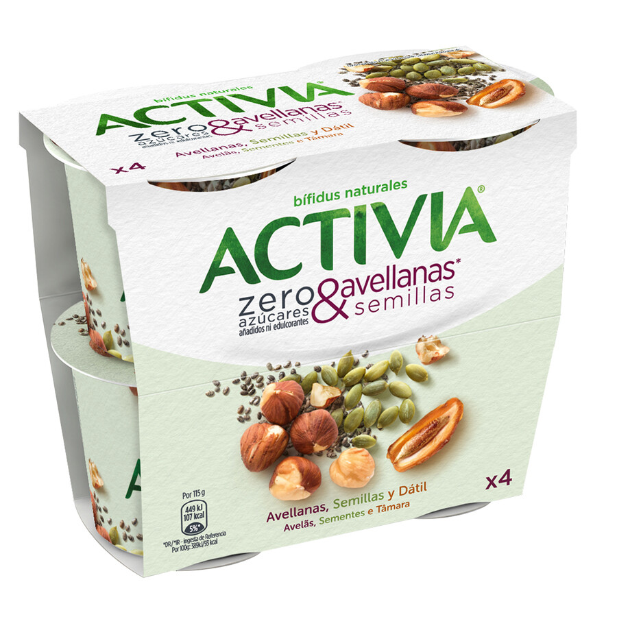 Yogur bífidus zero azúcar y semillas de avellanas ACTIVIA de DANONE.