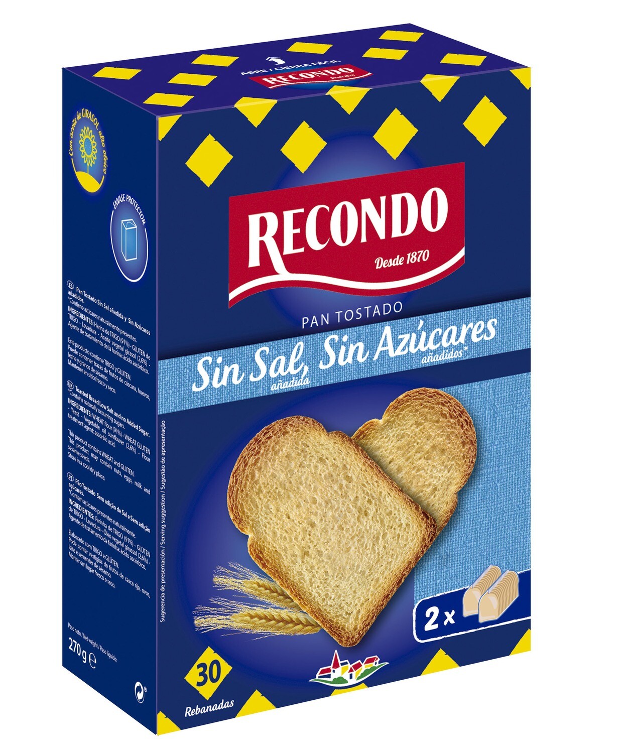 Pan tostado RECONDO sin sal y sin azúcar 30 uds