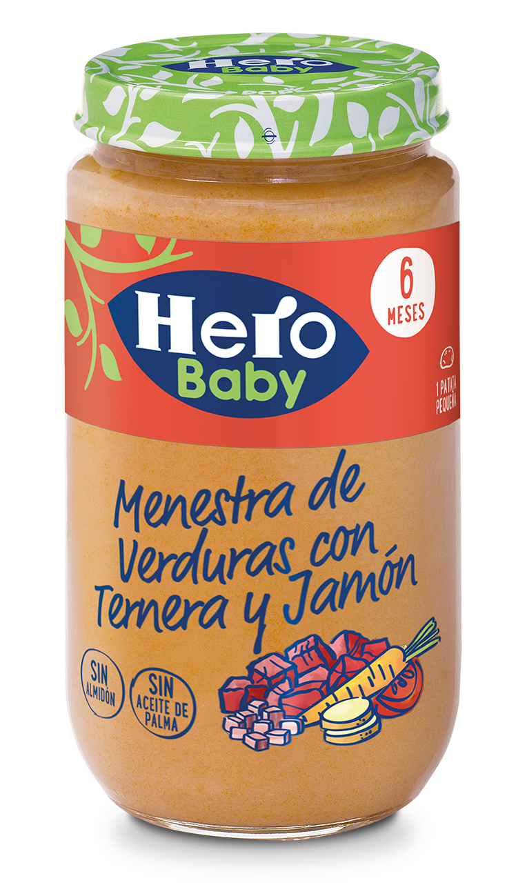 Potito 6 meses de menestra de verduras con ternera y jamón de HERO BABY.